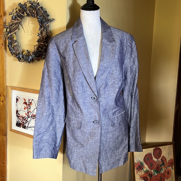 LANE BRYANT Size 16 Linen Blend Longline Chambray Blue Blazer Nautical $119 NEW - Picture 1 of 15